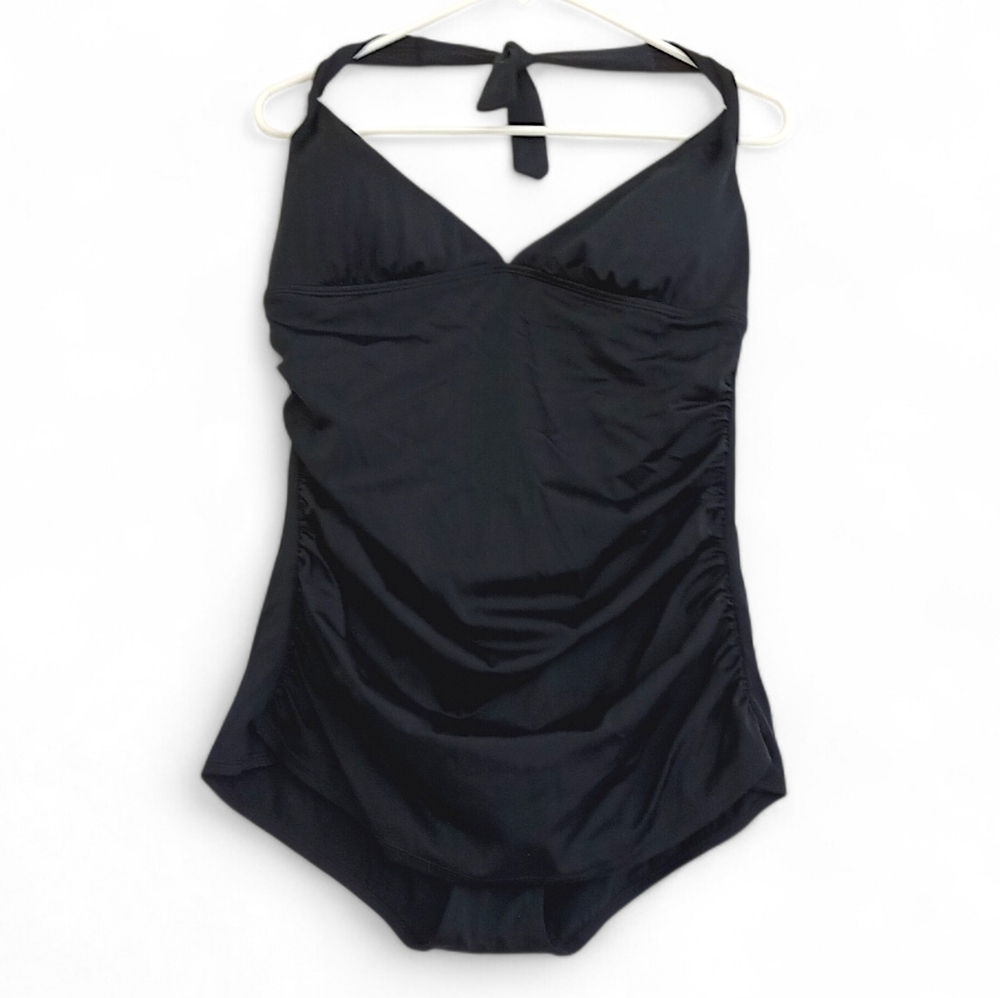 Speedo Black Ruched One Piece Swimsuit Halter Top Lined Cups Tummy Control Plus